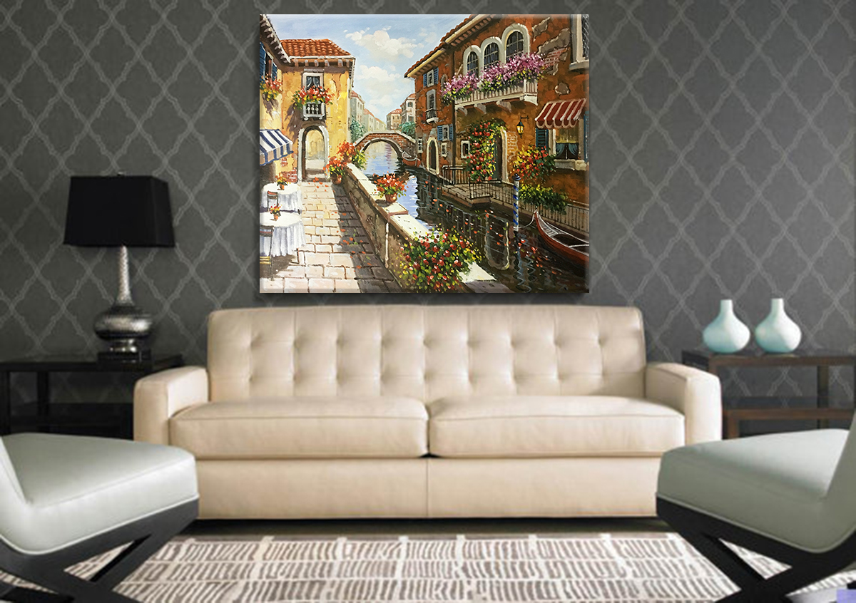 Hand-painting Colorful Venice Town Oil Painting Large Dining Room
